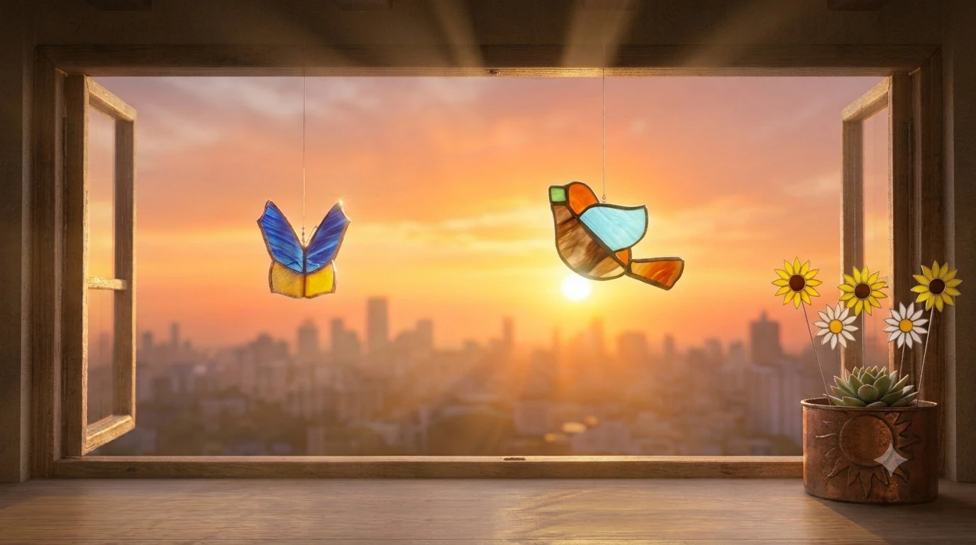Stained glass butterfly and bird suncatchers hanging in a window at sunrise